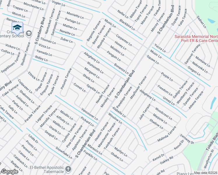 map of restaurants, bars, coffee shops, grocery stores, and more near 3403 Monday Terrace in North Port