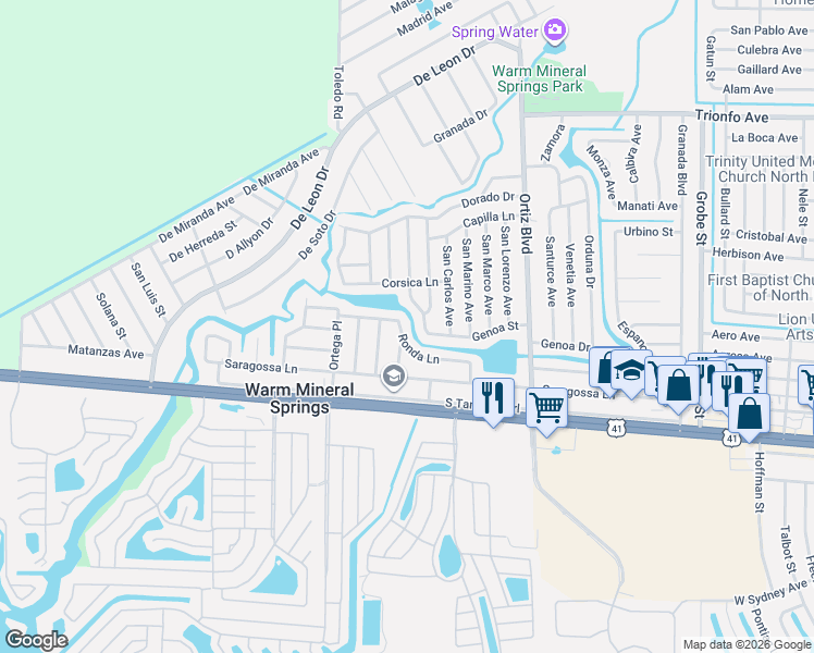 map of restaurants, bars, coffee shops, grocery stores, and more near 12080 Ronda Lane in North Port