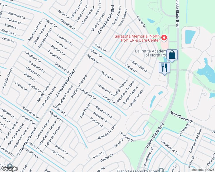 map of restaurants, bars, coffee shops, grocery stores, and more near 1440 Freedom Lane in North Port