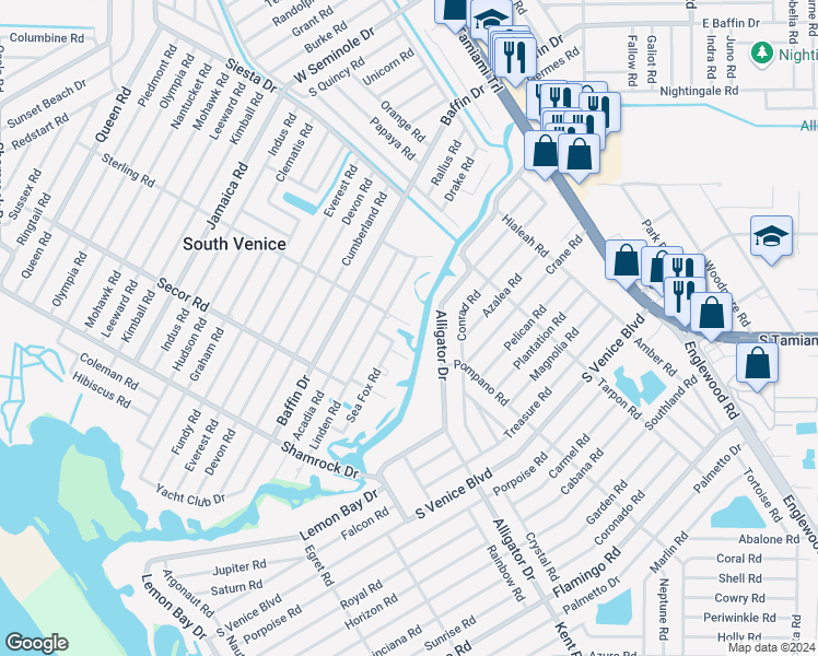 map of restaurants, bars, coffee shops, grocery stores, and more near 4027 Siren Road in Venice