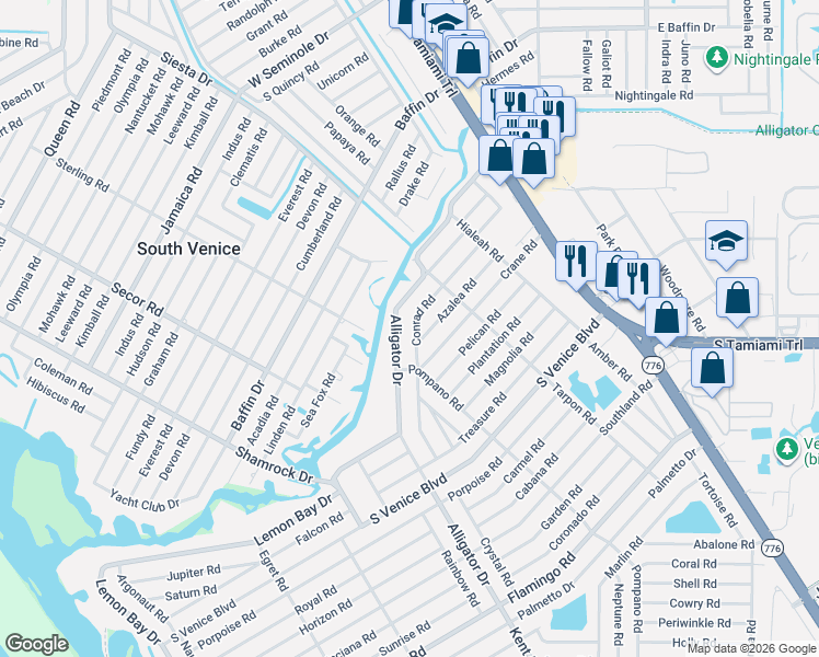 map of restaurants, bars, coffee shops, grocery stores, and more near 527 Alligator Drive in Venice