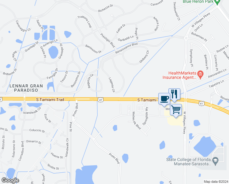 map of restaurants, bars, coffee shops, grocery stores, and more near 20300 Lagente Circle in Venice