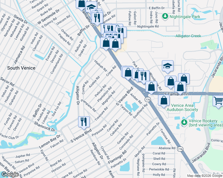 map of restaurants, bars, coffee shops, grocery stores, and more near 236 Plantation Road in Venice