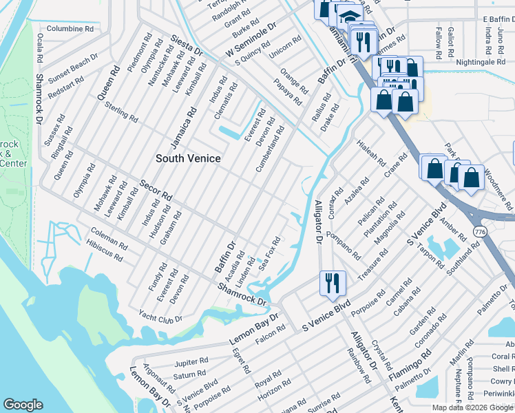 map of restaurants, bars, coffee shops, grocery stores, and more near 841 Baffin Drive in Venice