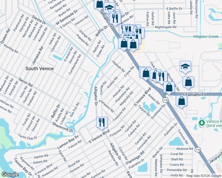map of restaurants, bars, coffee shops, grocery stores, and more near 430 Crane Road in Venice