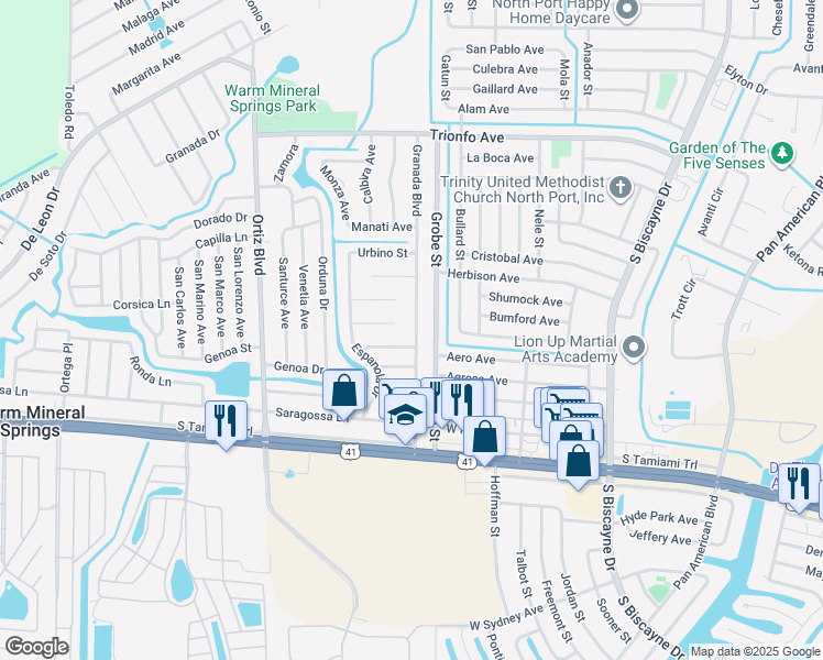 map of restaurants, bars, coffee shops, grocery stores, and more near 242 Granada Boulevard in North Port