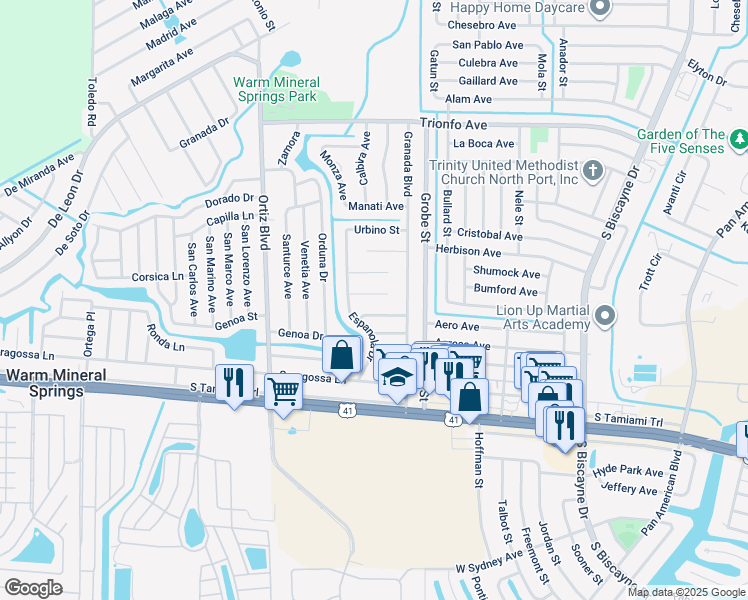map of restaurants, bars, coffee shops, grocery stores, and more near 12317 Alta Mira Street in North Port