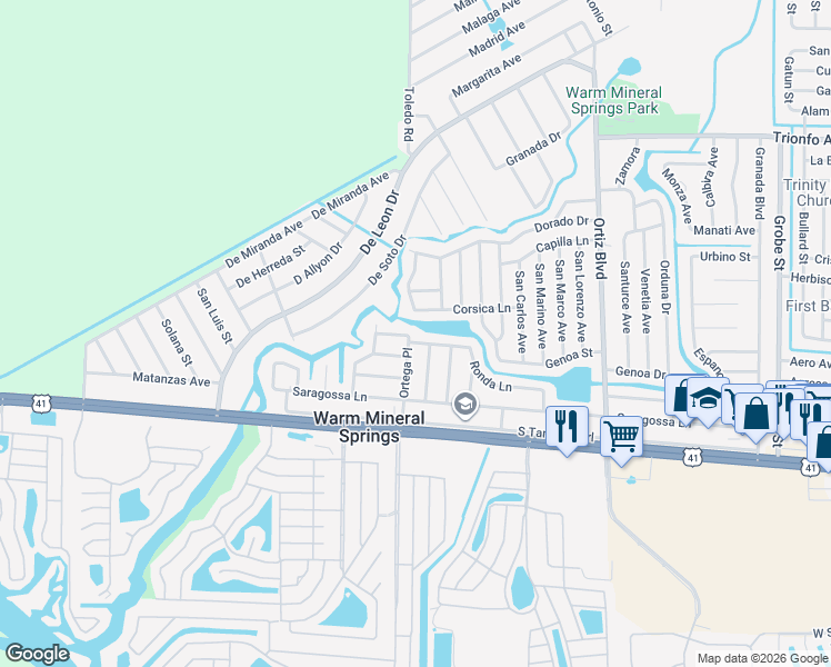 map of restaurants, bars, coffee shops, grocery stores, and more near 11950 Sarto Lane in North Port