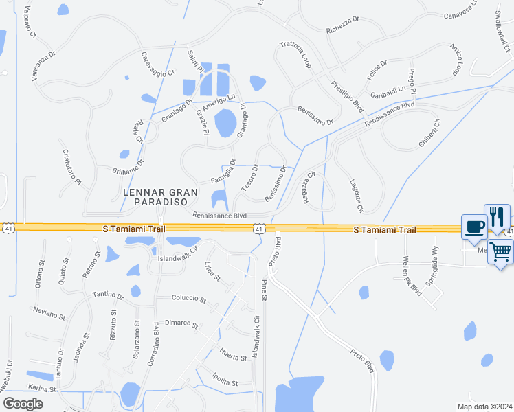 map of restaurants, bars, coffee shops, grocery stores, and more near 19930 Benissimo Drive in Venice