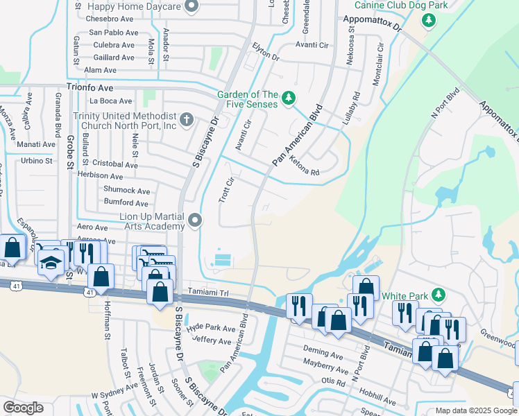 map of restaurants, bars, coffee shops, grocery stores, and more near 4940 Pan American Boulevard in North Port