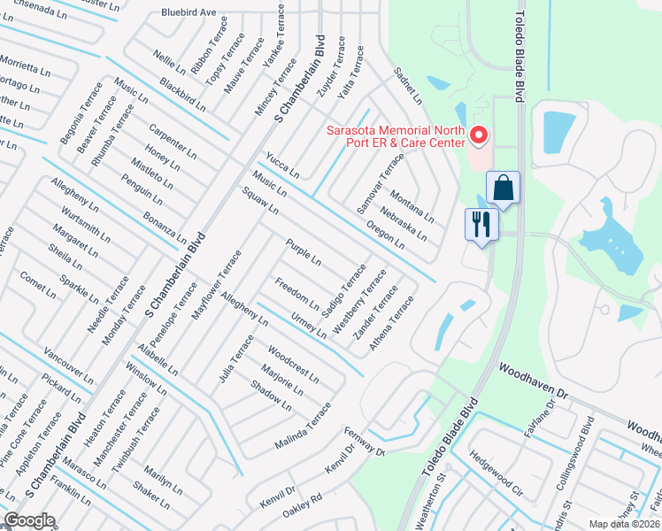 map of restaurants, bars, coffee shops, grocery stores, and more near 1514 Purple Lane in North Port