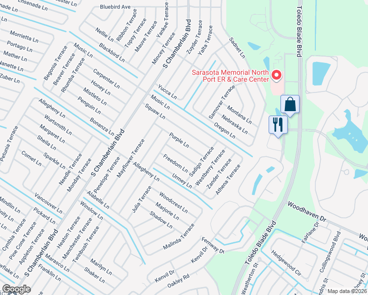 map of restaurants, bars, coffee shops, grocery stores, and more near 1514 Purple Lane in North Port