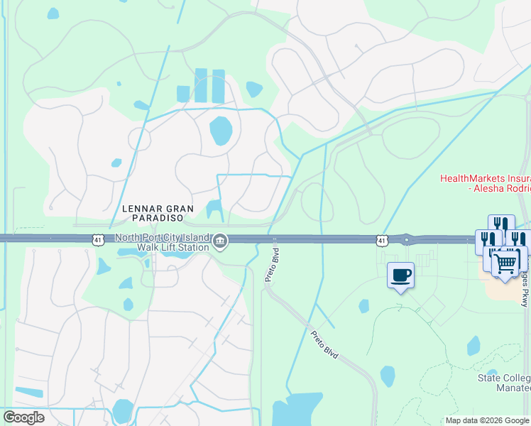 map of restaurants, bars, coffee shops, grocery stores, and more near 19986 Benissimo Drive in Venice