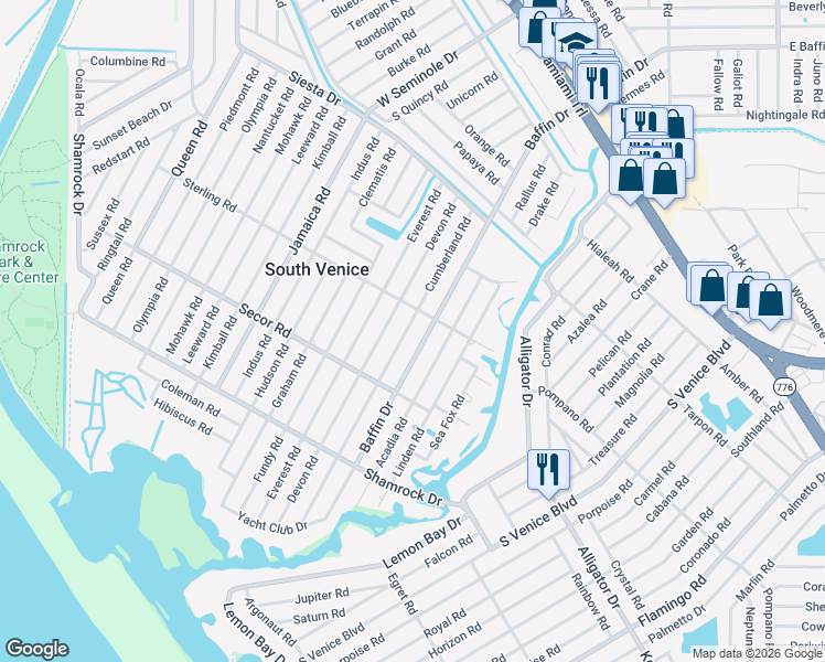 map of restaurants, bars, coffee shops, grocery stores, and more near 825 Cumberland Road in Venice
