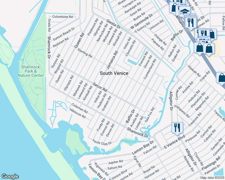 map of restaurants, bars, coffee shops, grocery stores, and more near 1135 Hudson Road in Venice