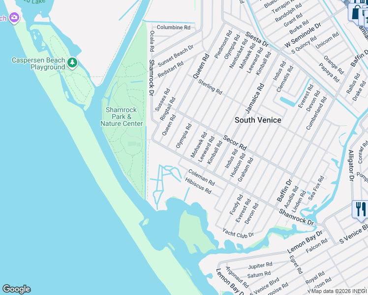 map of restaurants, bars, coffee shops, grocery stores, and more near 1533 Olympia Road in Venice