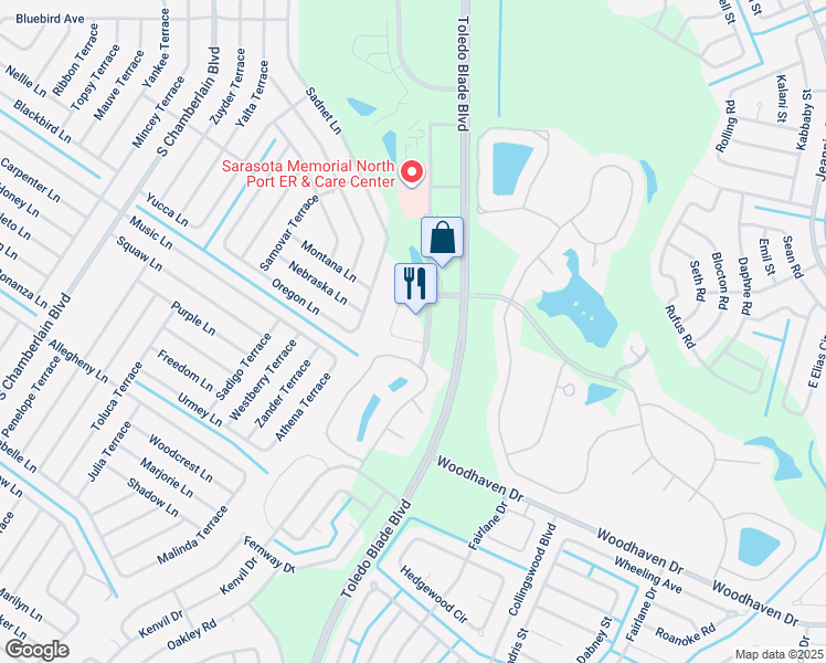 map of restaurants, bars, coffee shops, grocery stores, and more near 3455 Bobcat Village Center Road in North Port