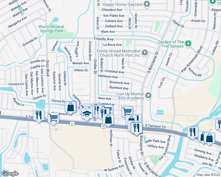 map of restaurants, bars, coffee shops, grocery stores, and more near 8657 Bumford Avenue in North Port