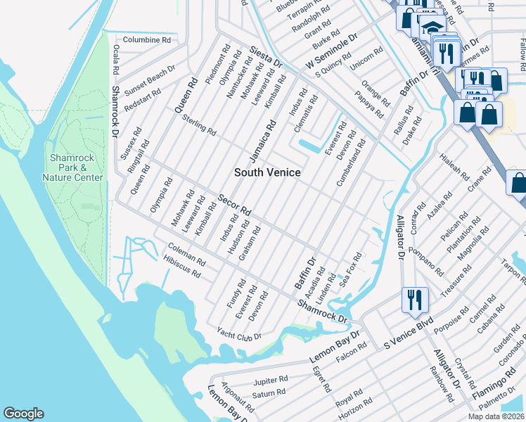 map of restaurants, bars, coffee shops, grocery stores, and more near 1135 Hudson Road in Venice