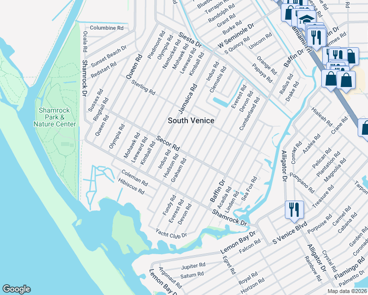 map of restaurants, bars, coffee shops, grocery stores, and more near 1135 Hudson Road in Venice
