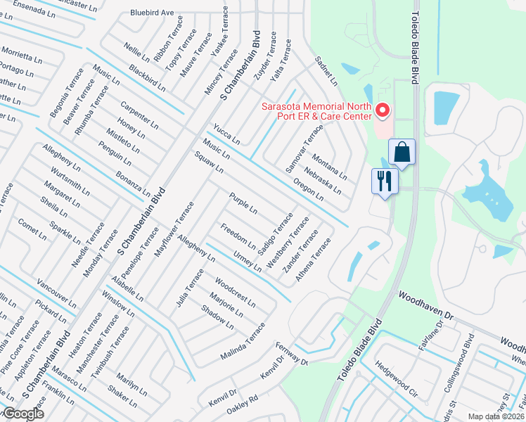 map of restaurants, bars, coffee shops, grocery stores, and more near 1482 Purple Lane in North Port