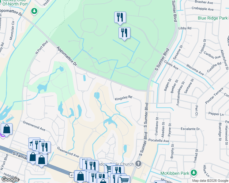 map of restaurants, bars, coffee shops, grocery stores, and more near 5084 Kingsley Road in North Port
