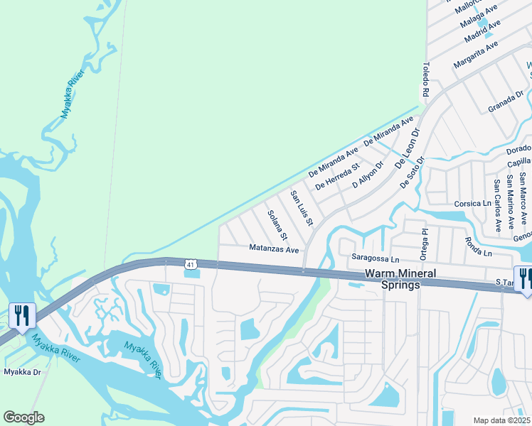 map of restaurants, bars, coffee shops, grocery stores, and more near 142 Solana Street in North Port
