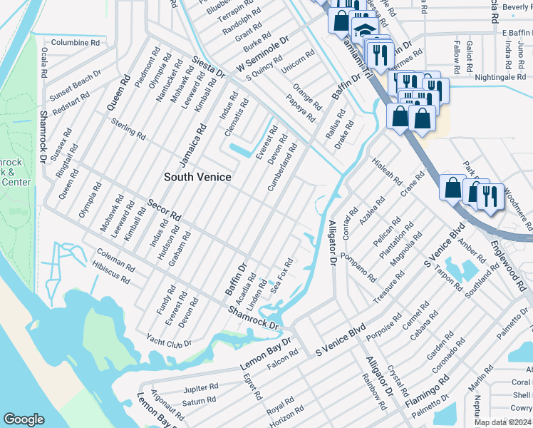map of restaurants, bars, coffee shops, grocery stores, and more near 825 Cumberland Road in Venice