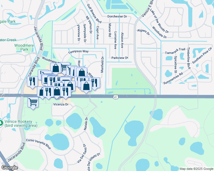 map of restaurants, bars, coffee shops, grocery stores, and more near 206 Golf Club Lane in Venice