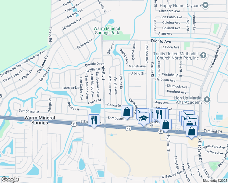 map of restaurants, bars, coffee shops, grocery stores, and more near 226 Venetia Avenue in North Port