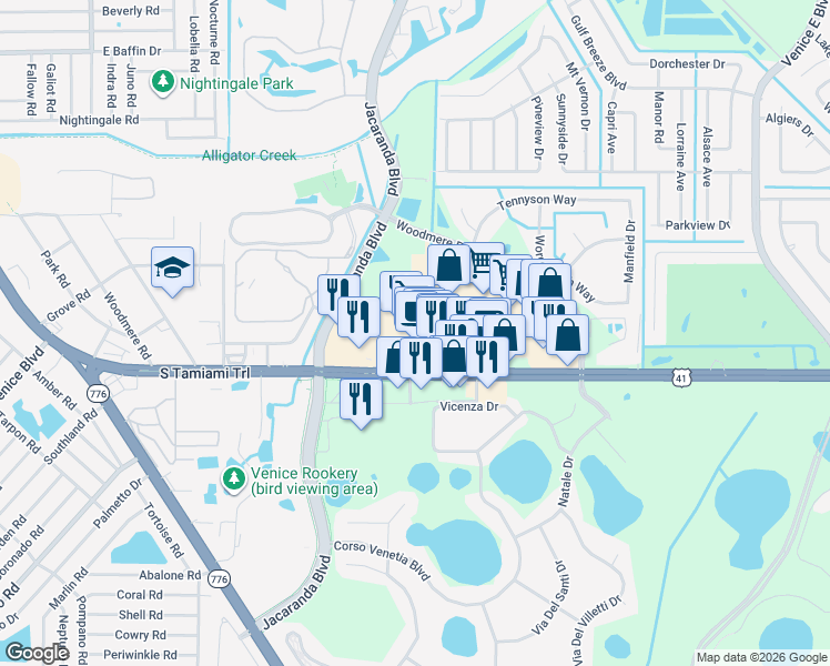 map of restaurants, bars, coffee shops, grocery stores, and more near 4173 South Tamiami Trail in Venice
