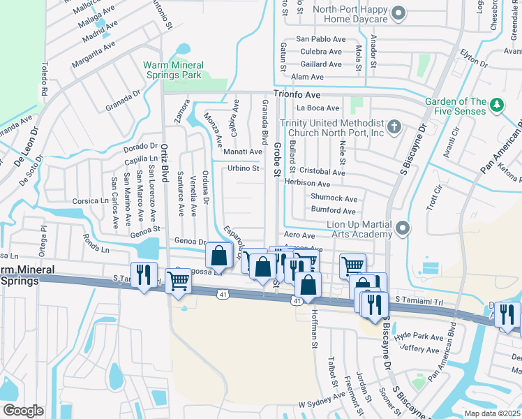 map of restaurants, bars, coffee shops, grocery stores, and more near 242 Granada Boulevard in North Port