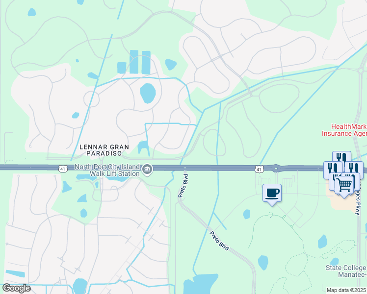 map of restaurants, bars, coffee shops, grocery stores, and more near 19986 Benissimo Drive in Venice