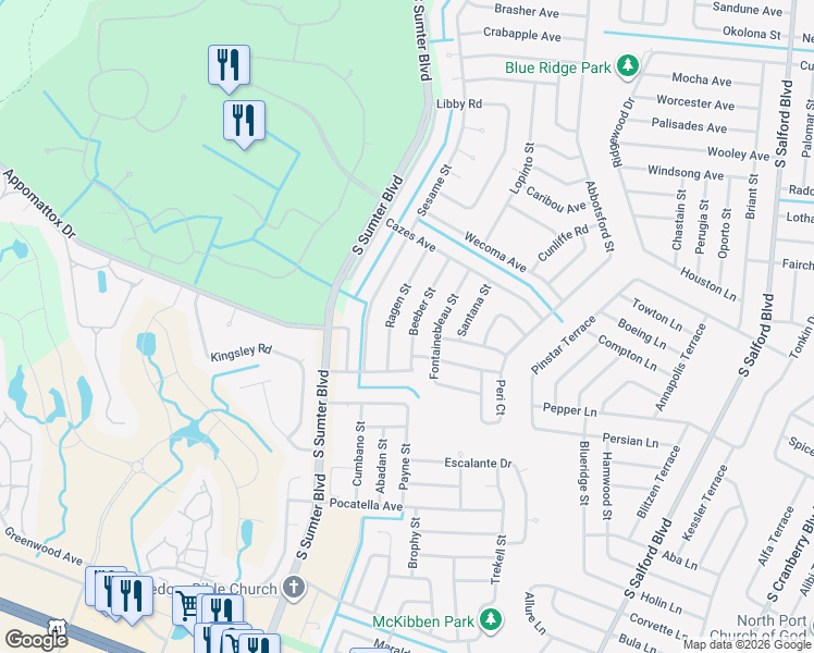 map of restaurants, bars, coffee shops, grocery stores, and more near 3905 Beeber Street in North Port
