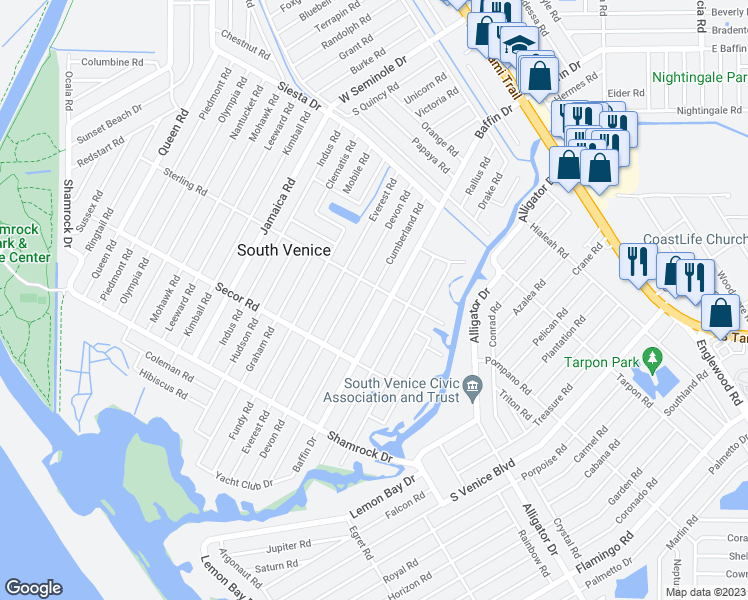 map of restaurants, bars, coffee shops, grocery stores, and more near 825 Cumberland Road in Venice