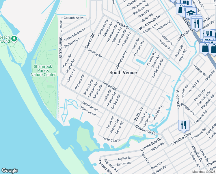 map of restaurants, bars, coffee shops, grocery stores, and more near 1201 Jamaica Road in Venice