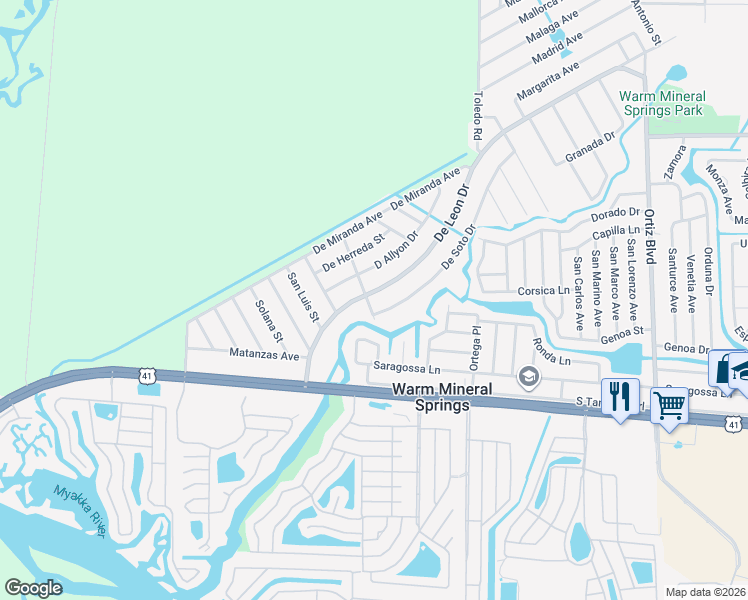 map of restaurants, bars, coffee shops, grocery stores, and more near 197 Sanibel Street in North Port