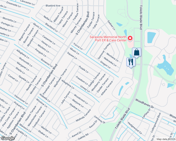 map of restaurants, bars, coffee shops, grocery stores, and more near 1514 Purple Lane in North Port