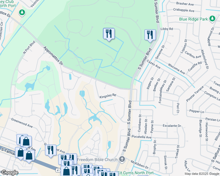 map of restaurants, bars, coffee shops, grocery stores, and more near 5221 Appomattox Drive in North Port