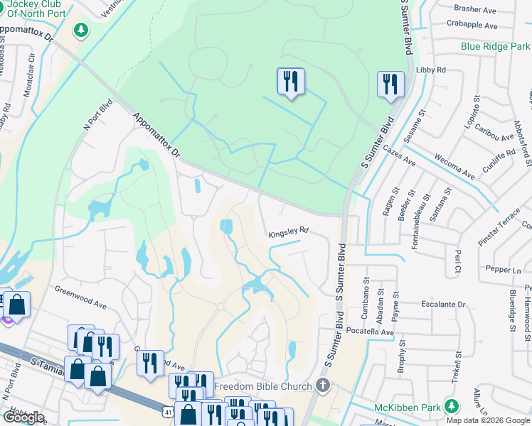map of restaurants, bars, coffee shops, grocery stores, and more near 5084 Kingsley Road in North Port