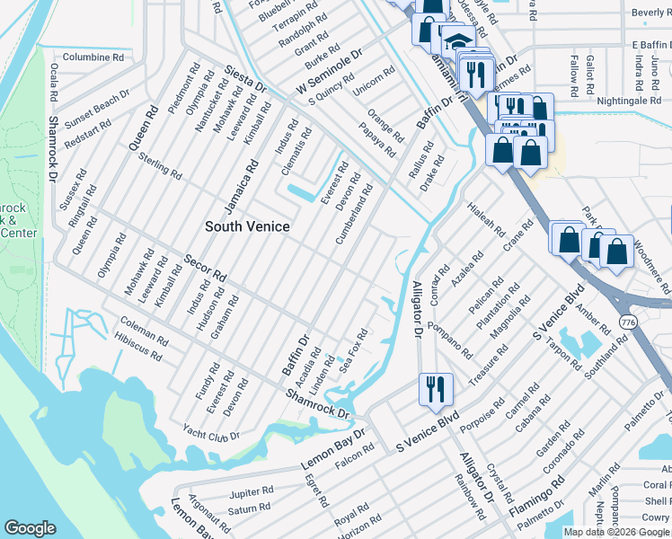 map of restaurants, bars, coffee shops, grocery stores, and more near 790 Baffin Drive in Venice