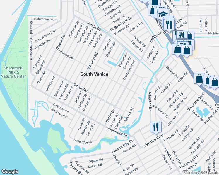 map of restaurants, bars, coffee shops, grocery stores, and more near 936 Devon Road in Venice