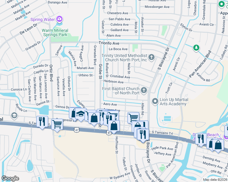 map of restaurants, bars, coffee shops, grocery stores, and more near 8657 Bumford Avenue in North Port
