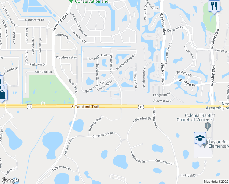 map of restaurants, bars, coffee shops, grocery stores, and more near 4977 Stone Castle Drive in Venice