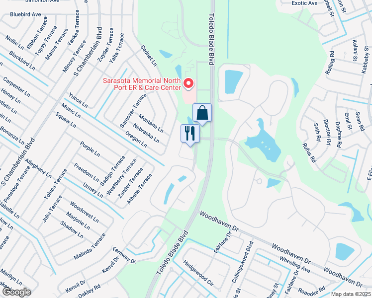 map of restaurants, bars, coffee shops, grocery stores, and more near 3455 Bobcat Village Center Road in North Port
