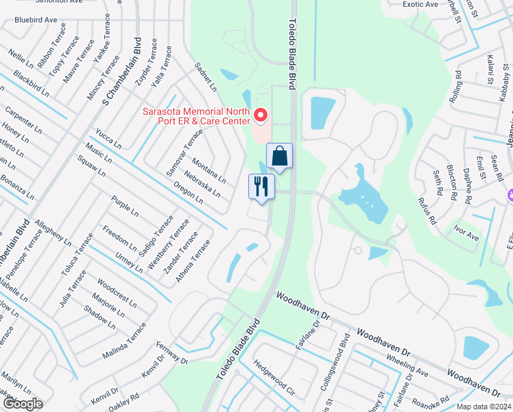 map of restaurants, bars, coffee shops, grocery stores, and more near 3455 Bobcat Village Center Road in North Port