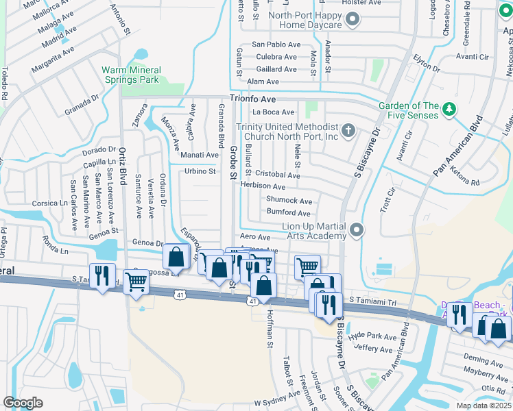 map of restaurants, bars, coffee shops, grocery stores, and more near 8657 Bumford Avenue in North Port