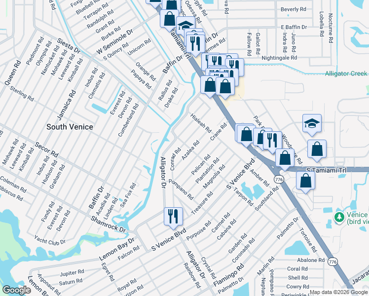 map of restaurants, bars, coffee shops, grocery stores, and more near 430 Azalea Road in Venice