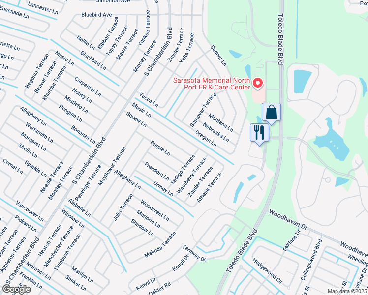 map of restaurants, bars, coffee shops, grocery stores, and more near 1488 Squaw Lane in North Port