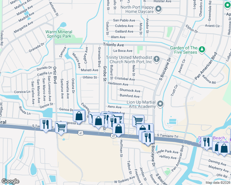 map of restaurants, bars, coffee shops, grocery stores, and more near 8657 Bumford Avenue in North Port